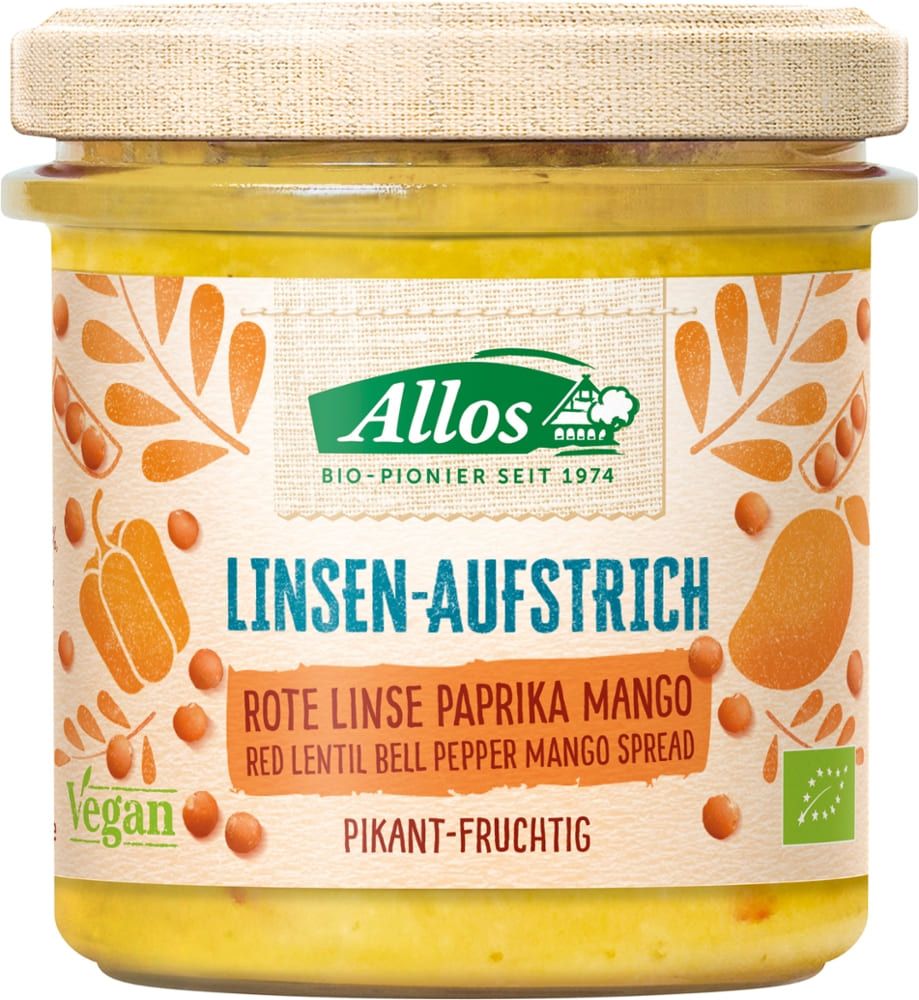 Allos Linsen-Aufstrich Rote Linse Paprika Mango 6 Stück zu 140 g – Bild 2