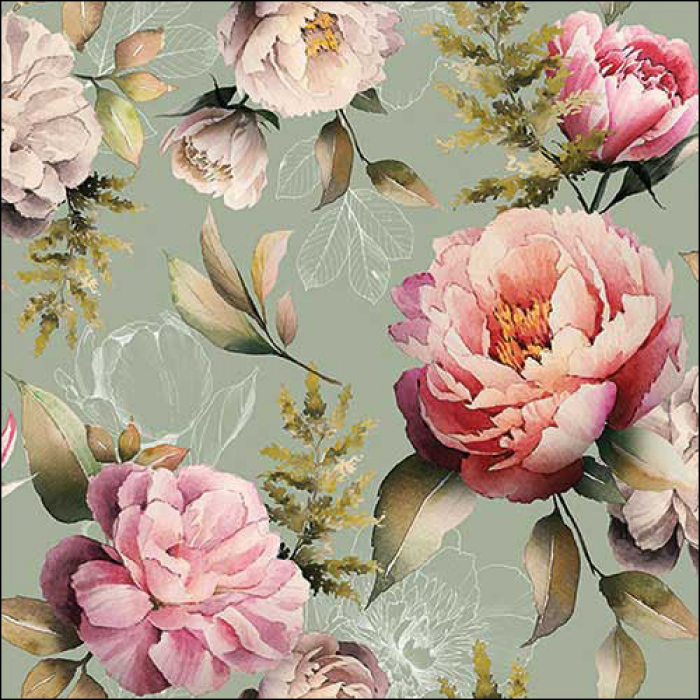 Lunchservietten Pfingstrosen – Napkin 33 Peonies composition green FSC Mix