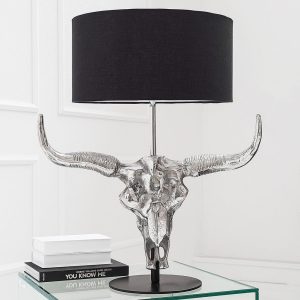 Tischlampe Stierkopf RODEO Schwarz & Silber aus Aluminium 68cm Höhe