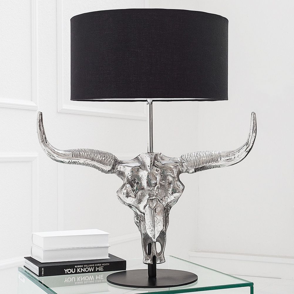 Tischlampe Stierkopf RODEO Schwarz & Silber aus Aluminium 68cm Höhe