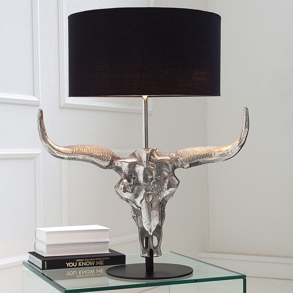 Tischlampe Stierkopf RODEO Schwarz & Silber aus Aluminium 68cm Höhe – Bild 2