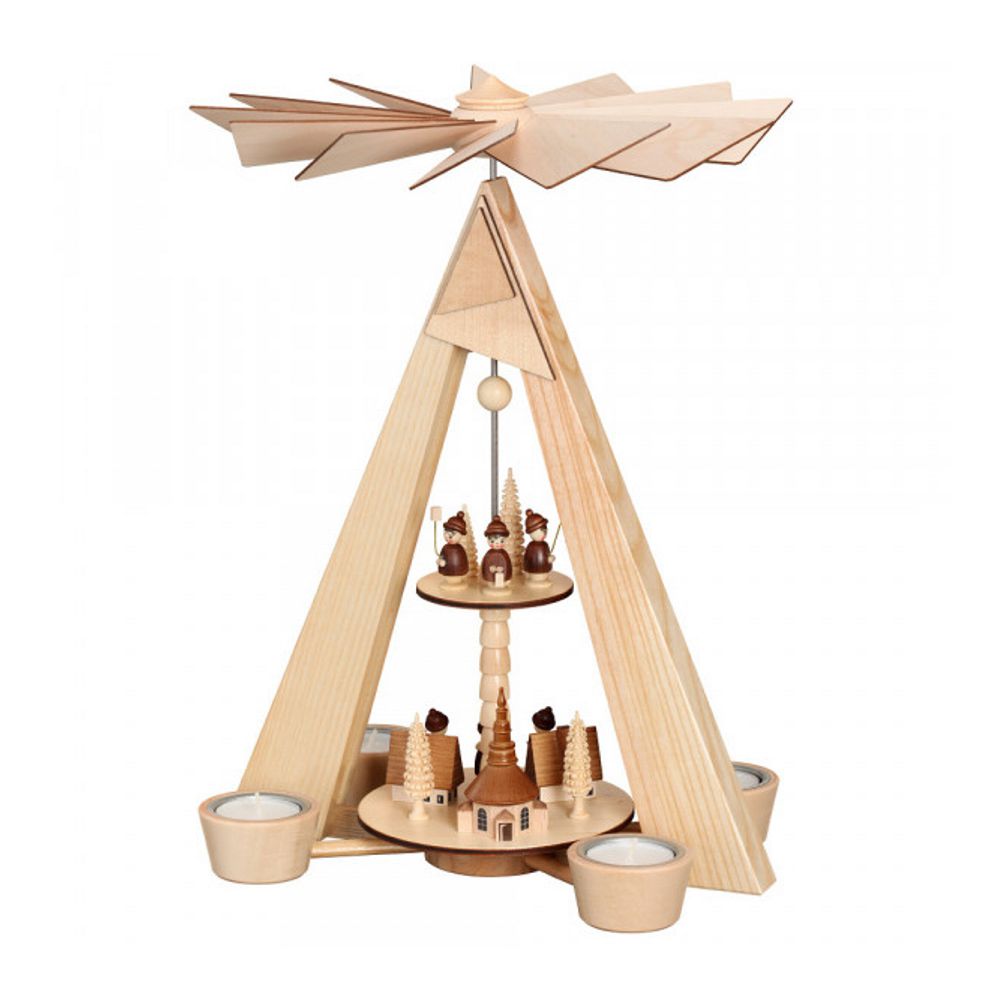 Teelichtpyramide Dorf Seiffen mit Kurrende und Laternenkindern natur – Bild 2