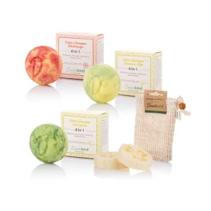 Duschkind Festes Shampoo 3 Stück Blutorange & Lemongras & Curcuma Alge im Angebot mit Sisalsäckchen und zwei Luffascheiben