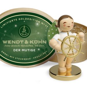 Limitierte Goldedition Nr. 17 Der Mutige, Engel mit Steuerrad auf Metallsockel in der Spanschachtel – Neuheit 2024 Wendt & Kühn
