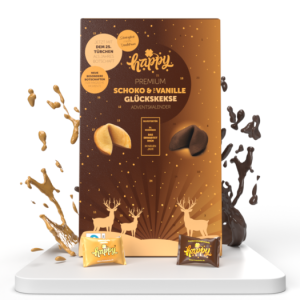 Happykeks | Happy Glückskeks Adventskalender Schoko Vanille Mix – mit Magnetkette aus Roter Japsis, Tigerauge oder Sodalith – Jetzt bestellen