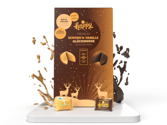 Happykeks | Happy Glückskeks Adventskalender Schoko Vanille Mix – mit Magnetkette aus Roter Japsis, Tigerauge oder Sodalith – Jetzt bestellen