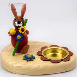 Teelichthalter Hase rot mit Küken im Rucksack