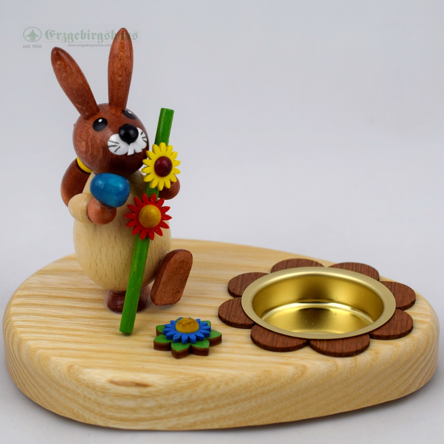 Teelichthalter Hase natur mit Küken im Rucksack