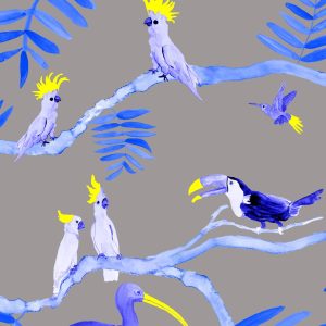 Tapete Pantanal, Blue & Yellow Toucans on Grey