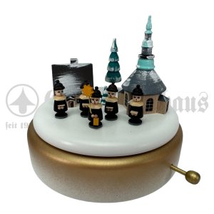 Spieldose weiß-gold mit Winterdorf Seiffenund Kurrende, Melodie: Leise rieselt der Schnee