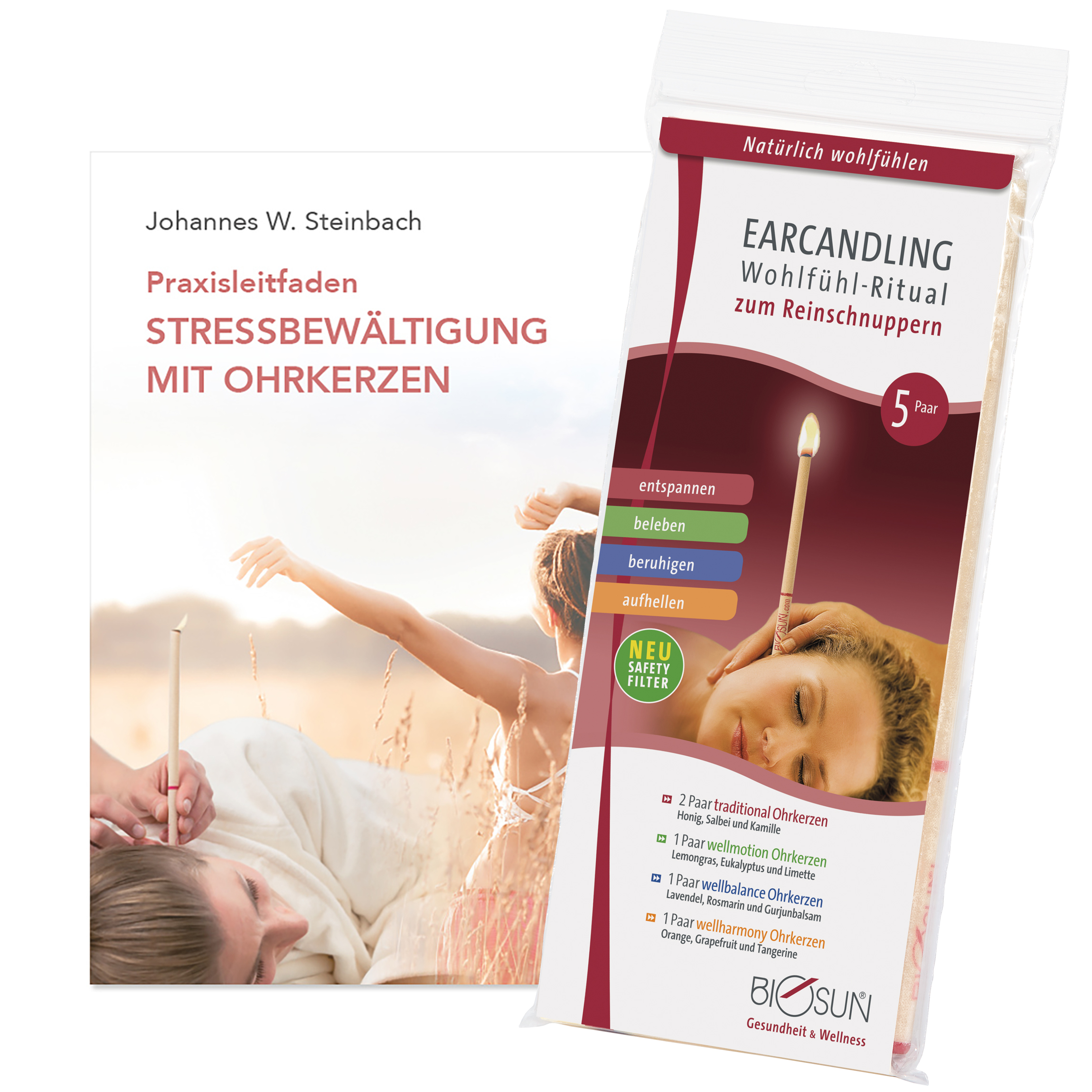 BIOSUN Buch – “Stressbewältigung mit Ohrkerzen” + 5 Paar gemischte Ohrkerzen
