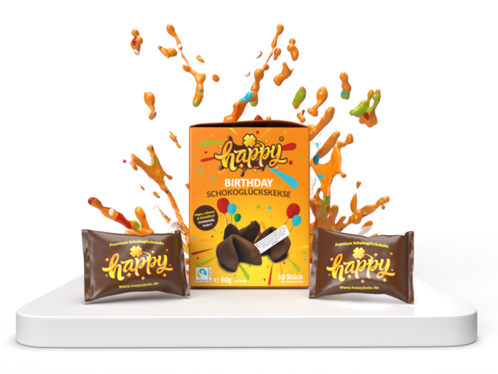 Happykeks | 10er-Box Happy Birthday Glückskekse Inhalt: 1 Box enthält 10 einzeln verpackte Happy Birthday Schokoglückskeks